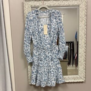 NWT Long Sleeve Floral Dress in Blue and White